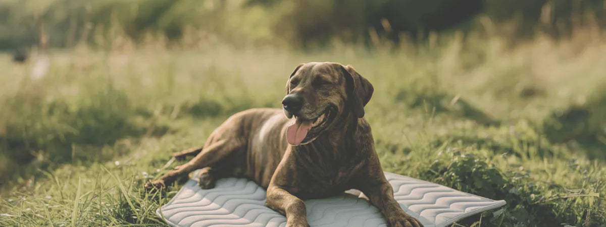 Dog lying on a cooling mat during a summer day on a grassy field